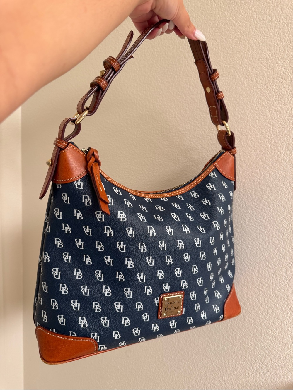 Dooney & Bourke Navy Logo Shoulder Bag with Brown Leather Trim